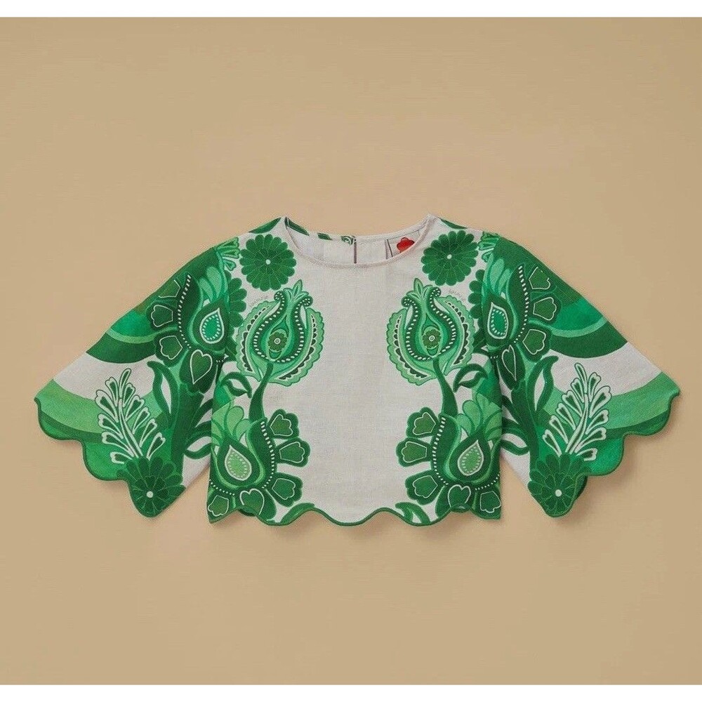 FARM Rio  Green Color Festival Blouse 100% Linen Scalloped Zip Cropped Blouse M